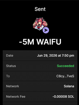 A mobile screenshot displays a successful transaction receipt confirming the transfer of "-5M WAIFU" (a loss of 5,000,000 WAIFU tokens) to address "C8cy...TveS" on the Solana network on June 29, 2026, with a network fee of 0.00008 SOL. The image serves as visual evidence within the post promoting a $WAIFU airdrop, appearing to demonstrate the tokens being distributed to participants' wallets.