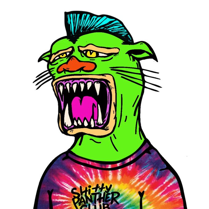A cartoon illustration of a green anthropomorphic panther with a blue mohawk, sharp fangs, and an orange nose, wearing a tie-dye shirt with the text 'Shitty Panther Club' visible.