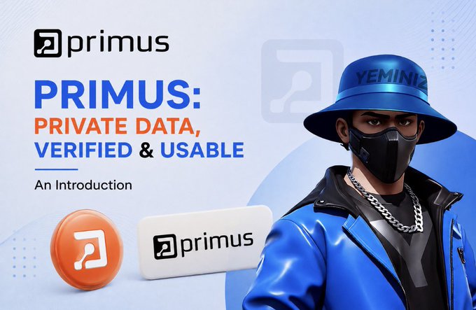 A promotional banner for "Primus: Private Data, Verified & Usable — An Introduction" featuring a stylized figure in a blue jacket and bucket hat (marked "YEMINI"), alongside the Primus logo and an orange token icon. The image ties to the post by introducing Primus Labs, a privacy-focused platform that enables developers to prove wallet credentials—such as trading activity on BNB—without exposing sensitive user data.