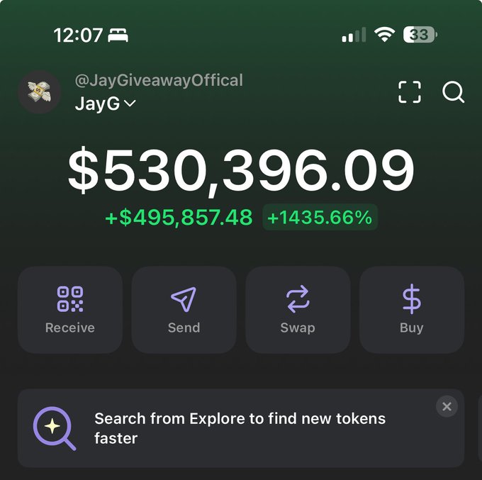 A crypto wallet mobile app screen displaying a balance of $530,396.09 for the account @JayGiveawayOffical (JayG), showing a gain of +$495,857.48 (+1435.66%) with Receive, Send, Swap, and Buy options.