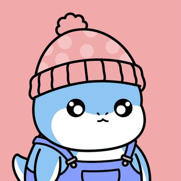 A cute cartoon illustration of a blue baby character wearing a pink polka-dot beanie hat and blue overalls against a pink background.