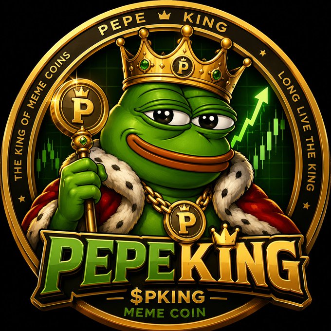 A promotional graphic for 'PEPEKING' ($PKING) meme coin, featuring the Pepe the Frog character wearing a golden crown and royal robes as 'The King of Meme Coins.'