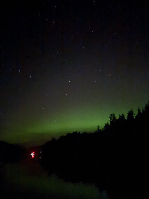 A night sky displays the green aurora borealis above a silhouetted treeline, reflected in a calm body of water below.