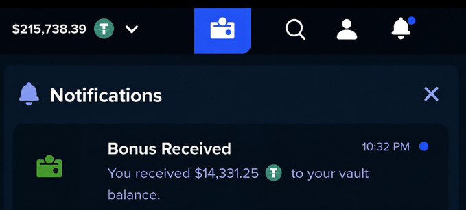 A screenshot of the Stake.com notifications panel showing a balance of $215,738.39, with an alert reading "Bonus Received: You received $14,331.25 to your vault balance" at 10:32 PM, corroborating the user's claim of receiving a $14,331.25 bonus gift on the platform.
