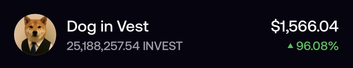 Trading interface showing a token called 'Dog in Vest' featuring a Shiba Inu in a suit, with a token supply of 25,188,257.54 INVEST and a price of $1,566.04, up 96.08%.