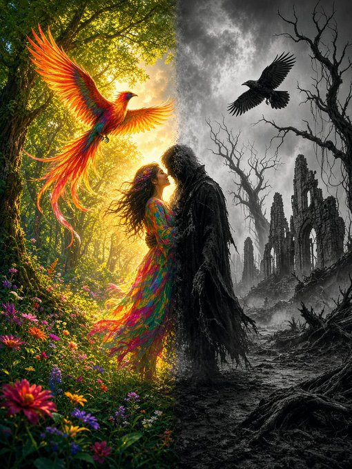 A split illustration showing a vibrant, colorful scene of a phoenix and a couple in a lush forest on the left, contrasted with a dark, desolate scene featuring a crow and ruins on the right.