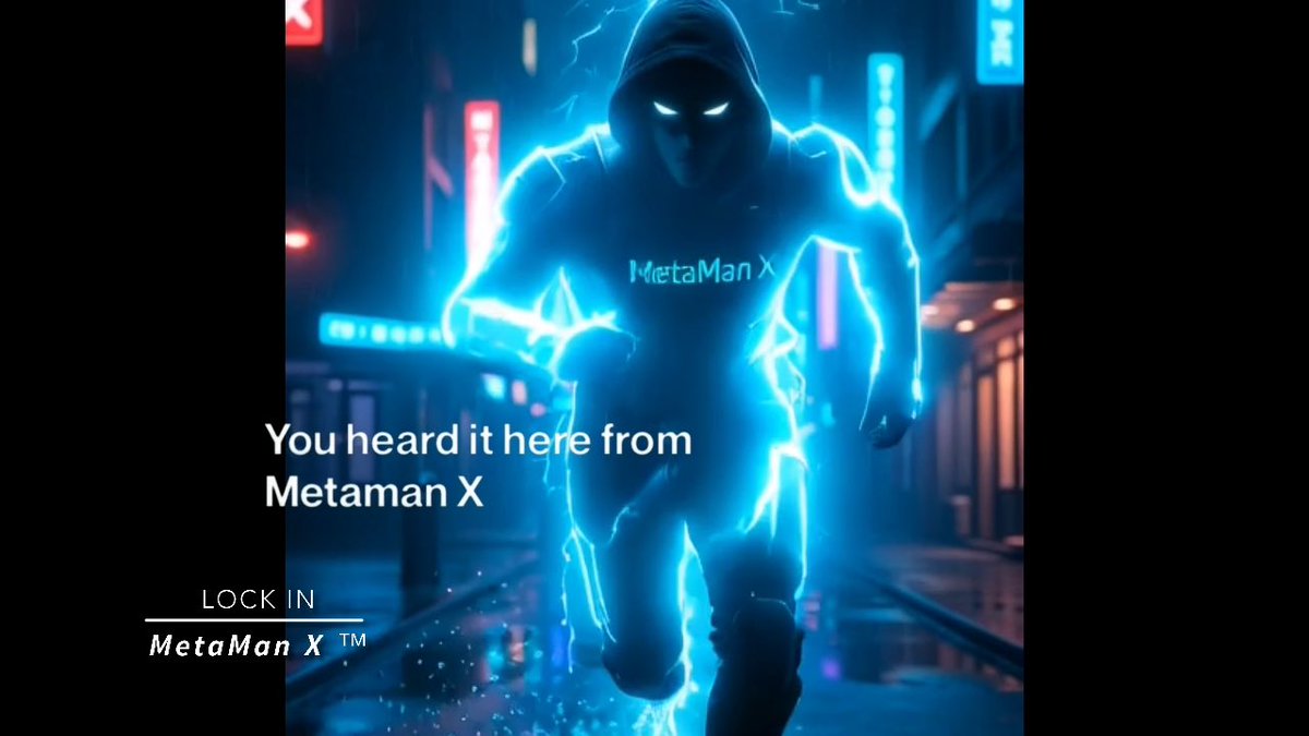 A hooded figure engulfed in glowing blue lightning runs through a neon-lit cityscape, with "MetaMan X" branded across the chest and the text "You heard it here from Metaman X" and "LOCK IN MetaMan X" overlaid on the image—visually powering the AI-created promo for the XRP-themed track.