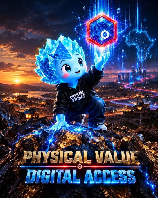 Fantasy-style illustration of a glowing blue crystal-headed character wearing a 'CRYSTAL STONES' hoodie, holding a floating hexagon, with large text at the bottom reading 'PHYSICAL VALUE DIGITAL ACCESS'.