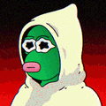 A pixel art image of a Pepe the Frog character wearing a white hooded cloak with large, staring eyes.