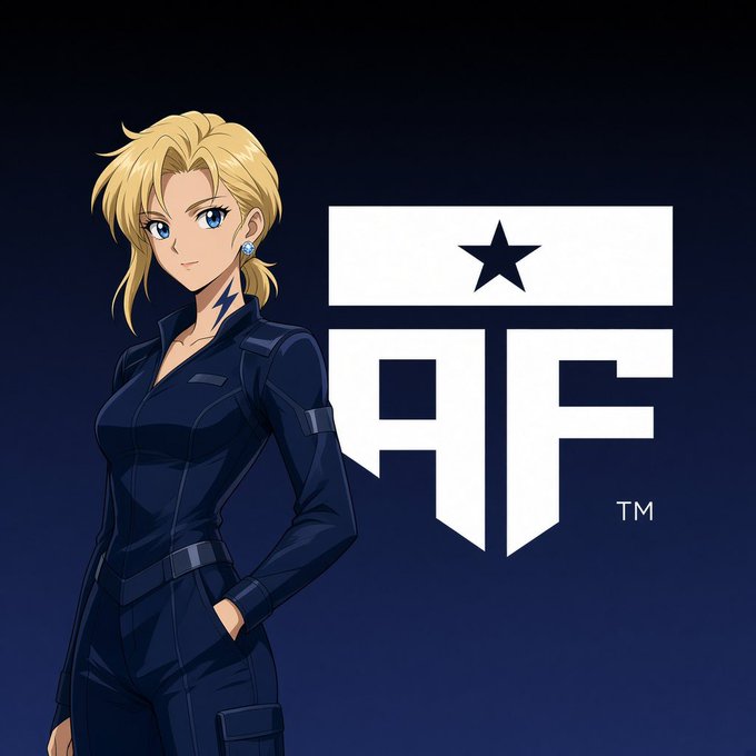 An anime-style illustration of a blonde female character in a dark blue tactical outfit standing next to a white logo with a star and the letters 'AF'.
