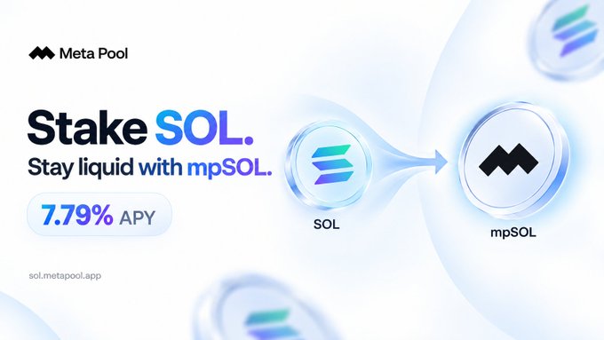 A promotional graphic for 'Meta Pool' advertising 'Stake SOL. Stay liquid with mpSOL.' with a '7.79% APY' yield, showing a transition from SOL to mpSOL tokens.