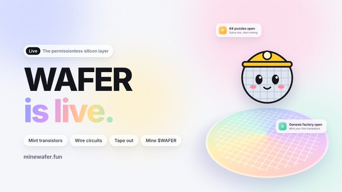 Webpage for 'WAFER is live,' described as 'The permissionless silicon layer,' featuring a cartoon wafer character wearing a miner's hat and options to 'Mint transistors,' 'Wire circuits,' 'Tape out,' or 'Mine $WAFER' at minewafer.fun.
