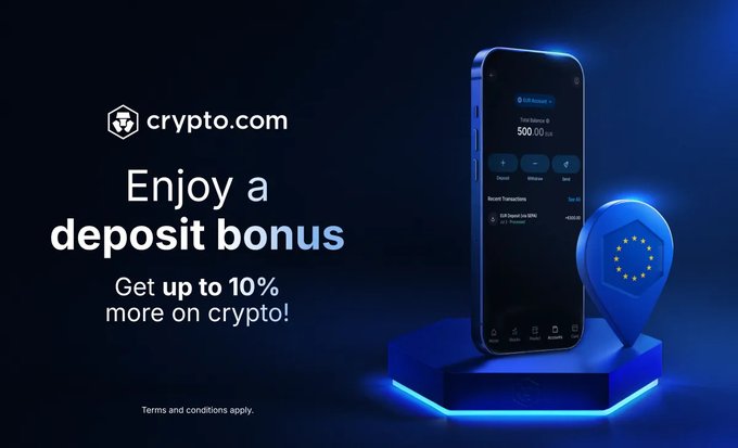 A Crypto.com promotional graphic on a dark blue background features a smartphone displaying the Crypto.com app with a $500.00 balance, alongside a location pin marked with the European Union flag, promoting a deposit bonus of up to 10% more on crypto for users in the EEA region.

The image relates to the post by visually reinforcing Crypto.com's EEA-focused deposit bonus offer, encouraging users to sign up via the provided link to earn extra crypto on their deposits.