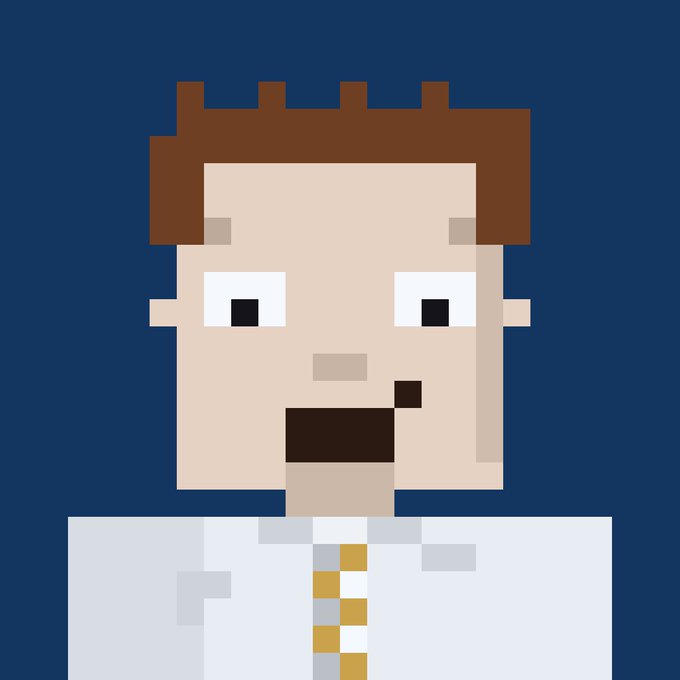 A pixel art portrait of a person with brown hair, an open mouth showing teeth, and a white shirt with gold buttons against a dark blue background.