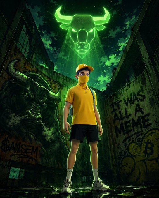 Stylized illustration of a person in yellow shirt and mask standing in a graffiti-covered alley beneath a glowing neon bull logo, with text 'IT WAS ALL A MEME'.