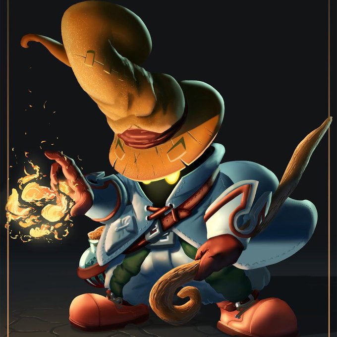 A 3D-rendered character with a tall, twisted yellow wizard hat and matching robes, holding a quill and conjuring glowing coins in one hand.