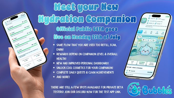 A promotional graphic for the 'Bubbles' app's new Hydration Companion feature, announcing an Official Public Beta on Monday 27th of July and showing screenshots of the mobile interface.