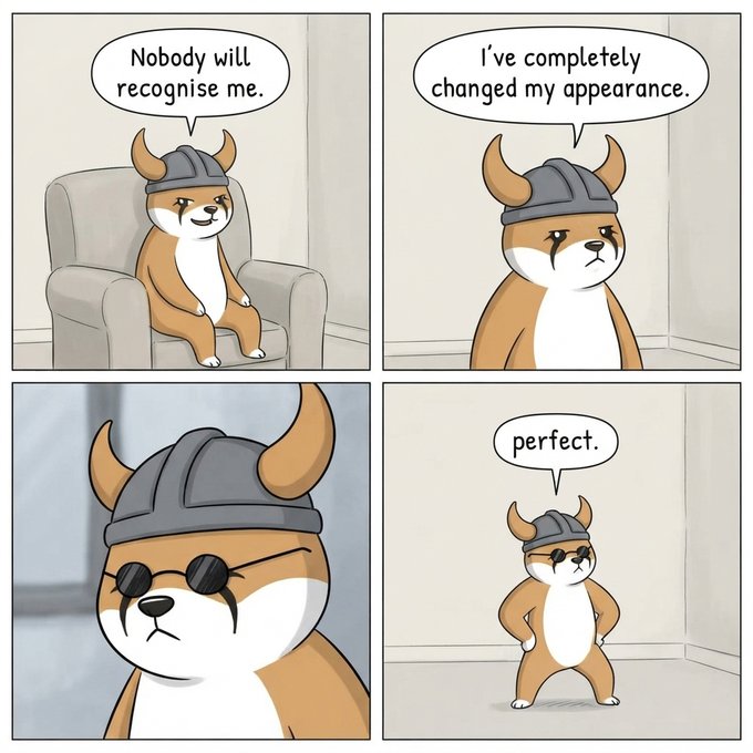 A Shiba Inu dog in a four-panel comic declares "Nobody will recognise me," states "I've completely changed my appearance," then reveals his "disguise" consists of a Viking helmet, a drawn-on mustache, and tiny round sunglasses, proudly declaring it "perfect." The humor ties to the "Incognito" theme by satirizing how someone might think minimal accessories provide effective disguise.