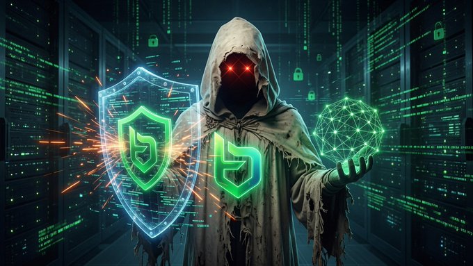 A hooded figure with glowing red eyes stands in a dark server room, holding a green geometric sphere and displaying two green shield logos with a stylized 'b' emblem.
