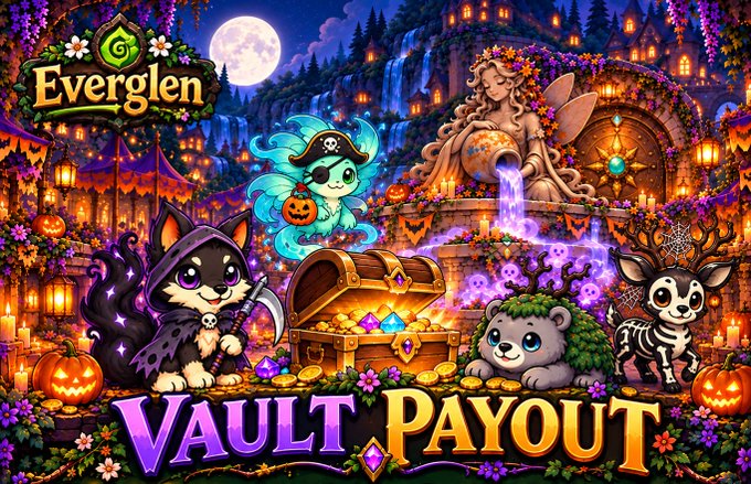 Promotional artwork for 'Everglen' titled 'VAULT PAYOUT' features cartoonish Halloween-themed animals including a grim reaper cat, a pirate ghost, and a deer next to a treasure chest overflowing with gold.