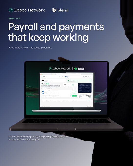 A Zebec Network promotional graphic advertises 'Payroll and payments that keep working' featuring the Blend app on a laptop screen.