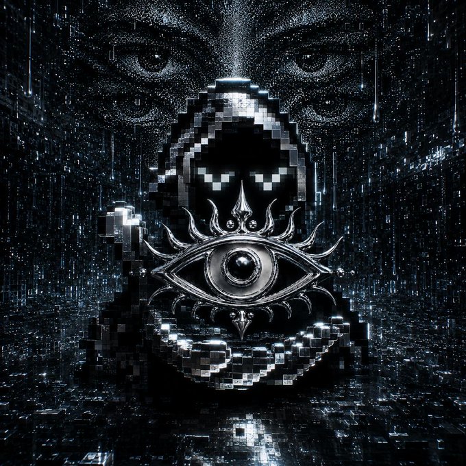 A dark, glitchy digital artwork featuring a pixelated hooded figure with sunglasses and a large ornamental all-seeing eye symbol, set against a backdrop of a giant face and a pixelated cityscape.