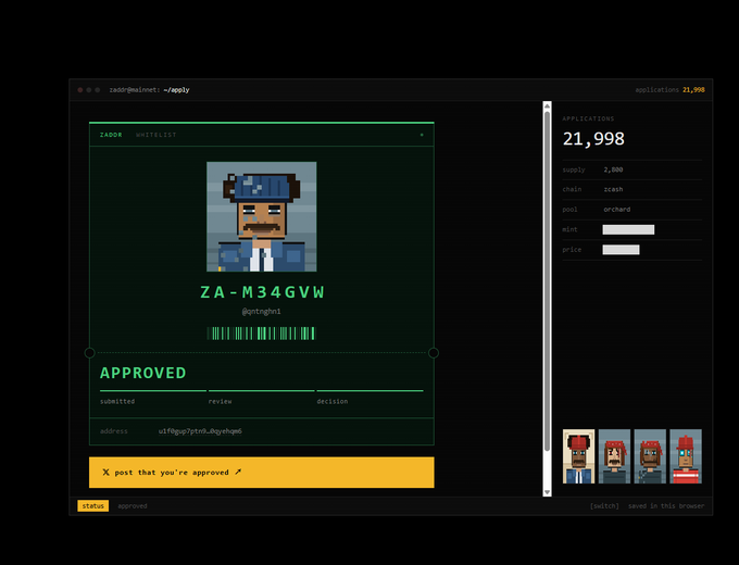 A terminal-style whitelist approval screen for "ZABOX" showing a pixel art character avatar, application #21,998 marked "APPROVED," with the mint type set to orchard.