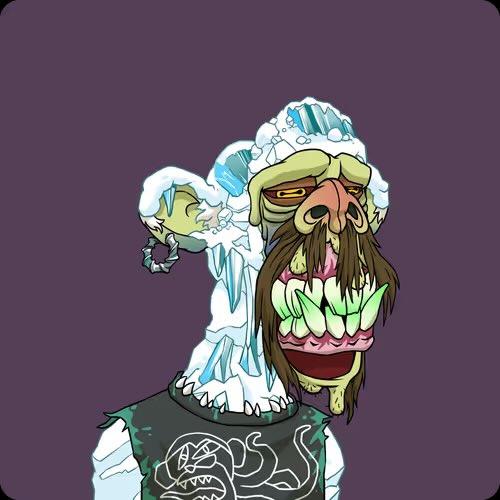 A cartoon character with a furry winter hat, yellow goggles, a wide toothy grin, and a beard, wearing a black shirt with a white design, is set against a purple background.