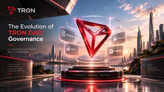 Promotional graphic for TRON featuring "The Evolution of TRON DAO Governance," "COMMUNITY POWERS PROGRESS," with icons for Propose, Vote, Discuss, and Improve.