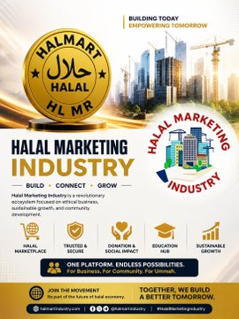 A promotional graphic for 'HALAL MARKETING INDUSTRY' by Halmart HL MR, advertising a halal marketplace platform for ethical business growth.