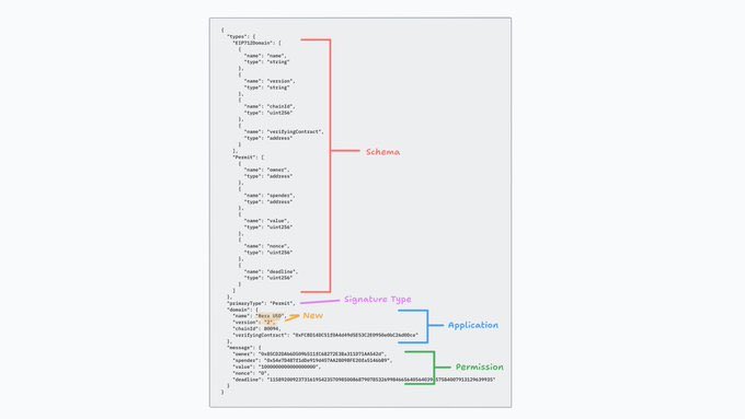 A diagram illustrating a JSON structure with labels pointing to different sections: Schema (in pink), Signature Type (in purple), Application (in blue), and Permission (in green).