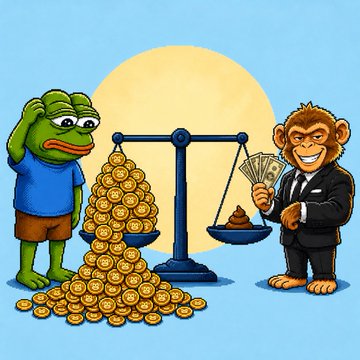 A cartoon frog looks troubled as it stands next to a scale weighed down by a massive pile of gold coins, while a smiling monkey in a business suit holds cash and a small pile of poop on the opposite side—visually depicting the question of whether "$Monkey" coin truly holds real value or is essentially worthless.