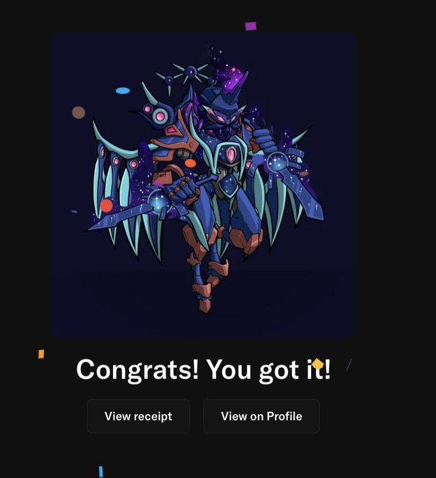 A digital card displays a dark, armored winged character with glowing purple and blue accents, accompanied by the text "Congrats! You got it!" along with buttons to "View receipt" or "View on Profile." This appears to be a receipt or collection screen for a digital NFT gift, celebrating a personal purchase in support of Adam Weitsman and HV-MTL on web3.