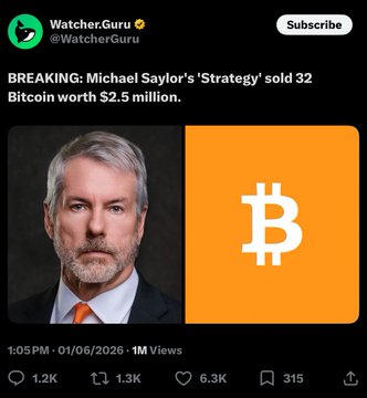 The image shows two photos of men against a black background. The primary focus is on a man with white hair wearing a suit sitting next to another man who also has white hair, but without a tie, wearing an orange shirt. The caption below these images reads: "BREAKING: Michael Sayler's 'Strategy' sold 32 Bitcoins worth $2.5 Million". In the left side of the image, there is text that says "watching.guru" and the post appears to be on Twitter.