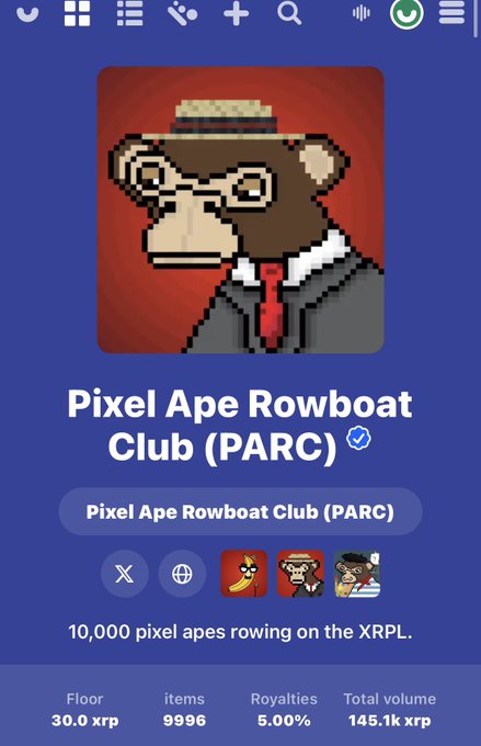A pixel art ape in a suit and hat appears on the page for the "Pixel Ape Rowboat Club (PARC)" NFT collection, featuring a floor price of 30.0 XRP, 9,996 items, 5.00% royalties, and a total volume of 145.1k XRP. The image aligns with the post's bullish #XRP sentiment by highlighting a successful milestone—"First sell wall cleared"—on an XRP-based NFT marketplace, suggesting growing momentum for PARC trading activity.