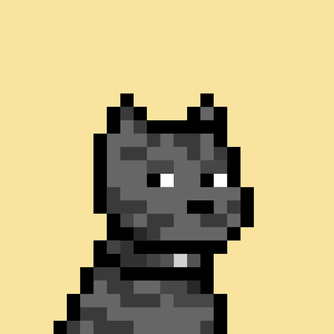A pixel art black dog character with grey accents and small white eyes is displayed against a pale yellow background, representing Doginal Dog #3515 from the @doginaldogs inscription collection listed for sale at 28,500 DOGE.