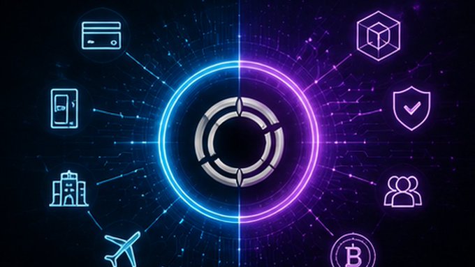 A futuristic digital graphic featuring a central circular logo surrounded by glowing neon icons representing various services including credit cards, mobile devices, buildings, airplanes, crypto/blockchain, users, and data storage against a dark purple and blue background.