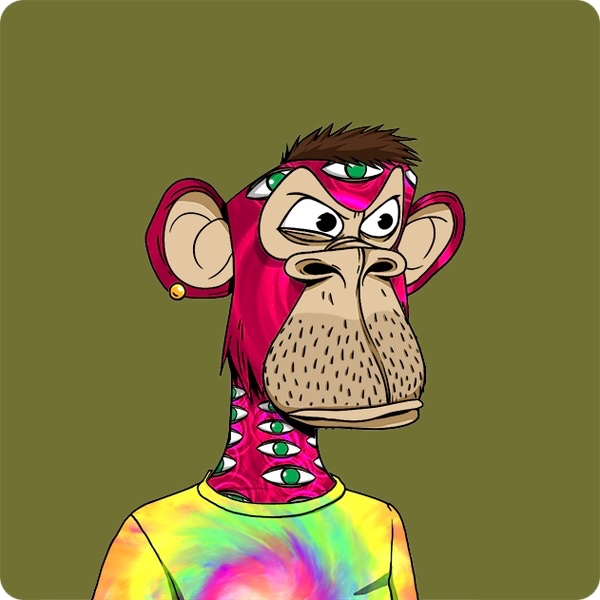A digital illustration of a cartoon Bored Ape-style monkey character wearing a tie-dye yellow shirt, featuring pink fur, brown hair, and multiple green eyes against an olive green background.