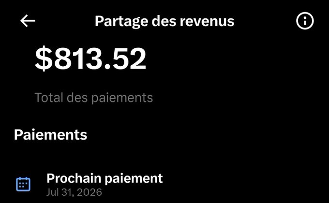 A mobile app revenue-sharing screen in French titled 'Partage des revenus' showing a total payment of $813.52, with a 'Prochain paiement' (next payment) scheduled for Jul 31, 2026.