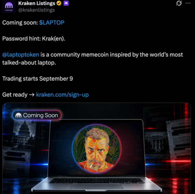 A screenshot of Kraken's official announcement tweet promoting the upcoming listing of $LAPTOP memecoin on September 9, featuring a laptop displaying a meme image of a man with a cigarette, which was later deleted according to the accompanying post mocking the premature hype.