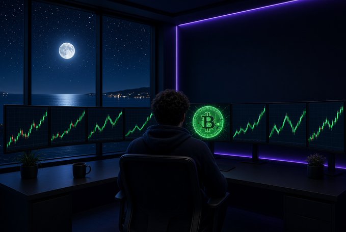 A stylized image of a person viewing multiple cryptocurrency price charts across several monitors at night, with a Bitcoin symbol overlay and a view of the moonlit ocean.