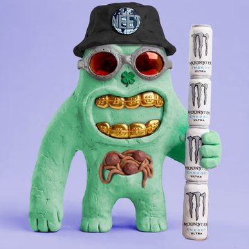 Green claymation monster figure wearing a black cap and red sunglasses, with gold teeth and Monster Energy cans, holding a stack of 'MOONSTEE ULTRA' cans.