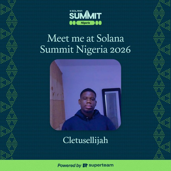 A promotional graphic for the "Solana Summit Nigeria 2026" featuring the username "Cletusellijah" and "Powered by superteam."