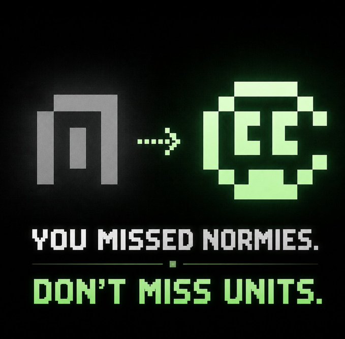 Pixel art graphic showing the Cardano (ADA) logo transitioning with an arrow to a green upgraded symbol, with text reading 'YOU MISSED NORMIES. DON'T MISS UNITS.'