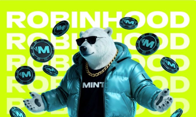 A polar bear wearing sunglasses, a gold chain, and a teal puffer jacket with "MINT" on the shirt stands in front of a yellow background covered in "ROBINHOOD" text, surrounded by spinning coins marked with "M".