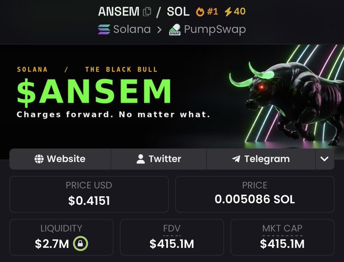 A screenshot of the $ANSEM token page on PumpSwap shows a current price of $0.4151 (0.005086 SOL) with $2.7M liquidity and a market cap of $415.1M, featuring a green-glowing black bull mascot with the tagline "The Black Bull: Charges forward. No matter what." The token's bullish imagery and "charges forward" messaging align with the post's giveaway request, as users are asked to drop their Solana addresses to potentially win a prize tied to this surging Solana token.