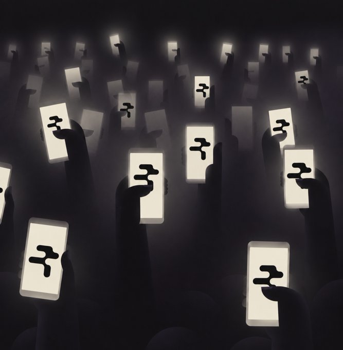 A dark, moody illustration showing multiple silhouetted hands holding up glowing smartphones displaying a stylized three-bar symbol on their screens.