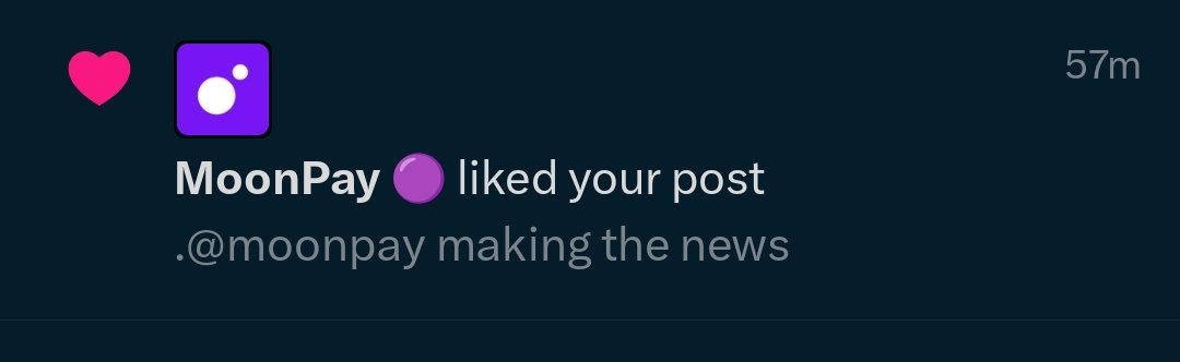 A notification screen shows 'MoonPay liked your post' with the caption '.@moonpay making the news,' timestamped 57m ago on what appears to be a Discord or similar app.