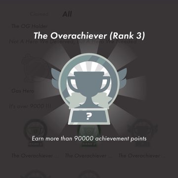 A screenshot from the #STEPN app displays the "The Overachiever (Rank 3)" achievement badge, noting the requirement to "Earn more than 90000 achievement points." This directly relates to the post, where the user shares their plan to reach this 90,000-point milestone by next month to unlock the badge while the GMT token is still affordable.