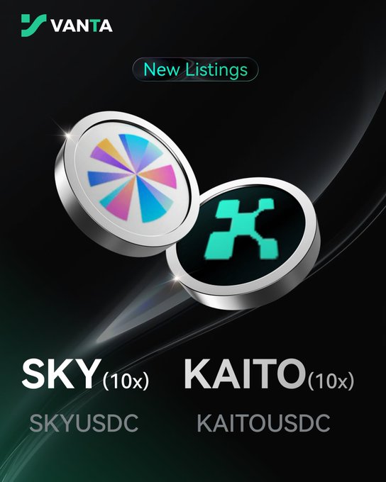 A Vanta exchange promotional graphic announcing new listings for SKY (10x) with SKYUSDC pair and KAITO (10x) with KAITOUSDC pair, displayed as stylized coin tokens.